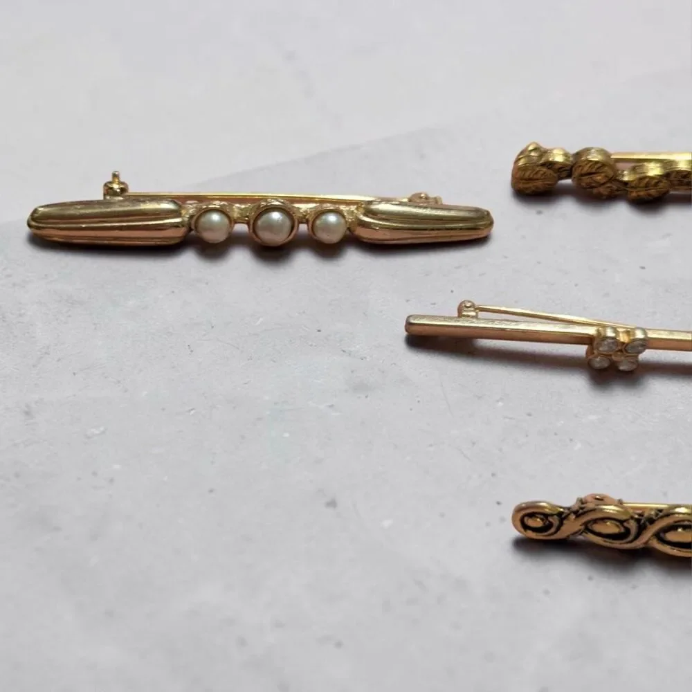 Vintage Gold Tone Bar Brooch Pin Lot of 6, Pearl Rhinestone Ornate Jewelry